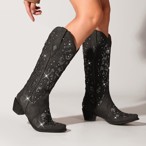 Women Sparkly Rhinestone Wedding Boots Trendy Vintage Tall Glitter Boot - Picture 2 of 5